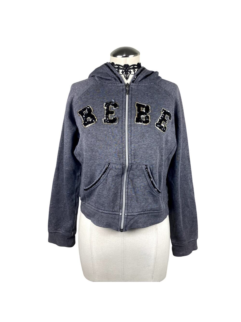 Bebe Y2K Sequin Spellout Gray Cropped Streetwear Grunge Mcbling Zip Up Hoodie M